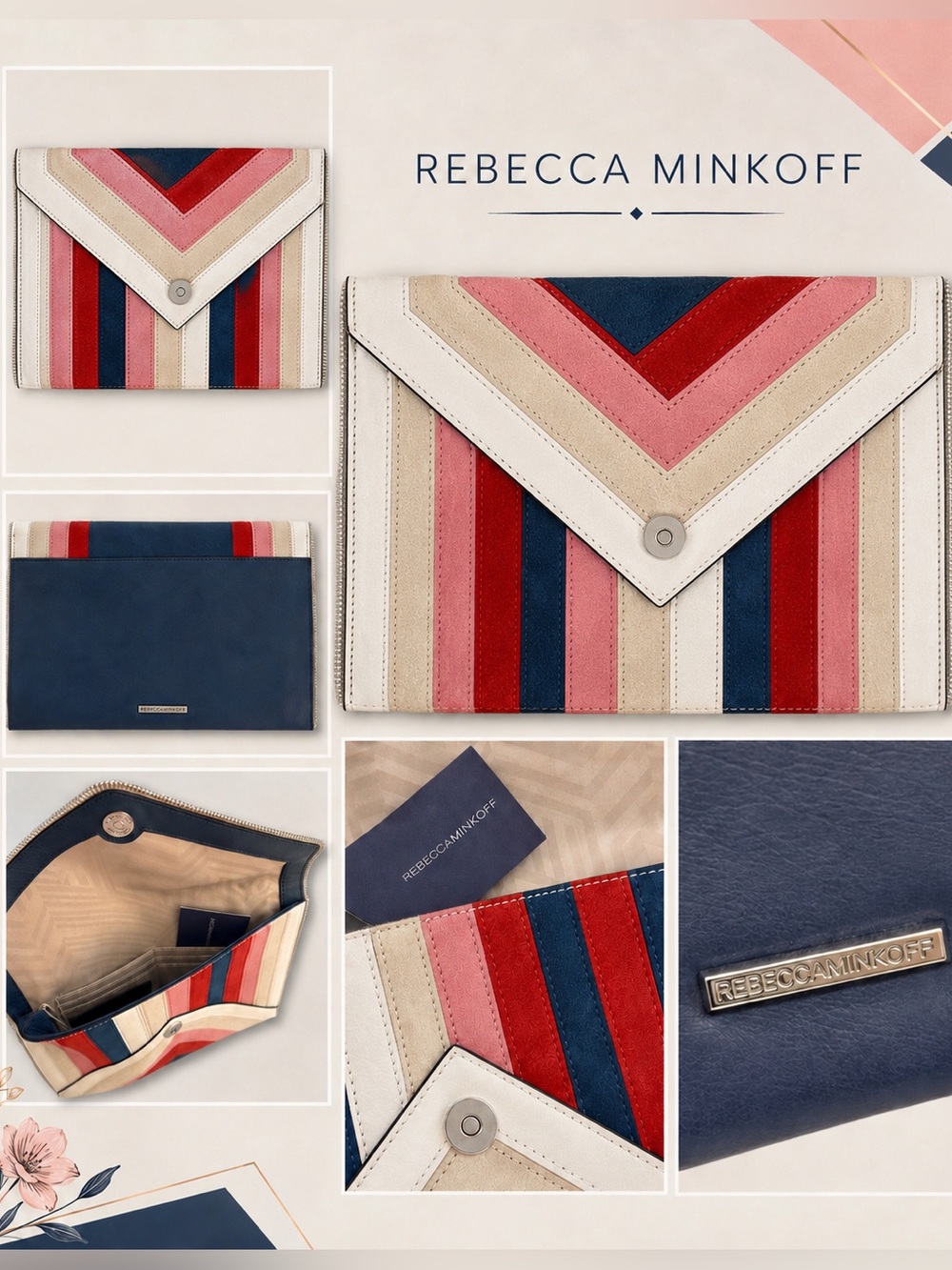 Rebecca Minkoff Chevron Leather Suede Envelope Clutch Pink, Red, Navy, Cream NWT
